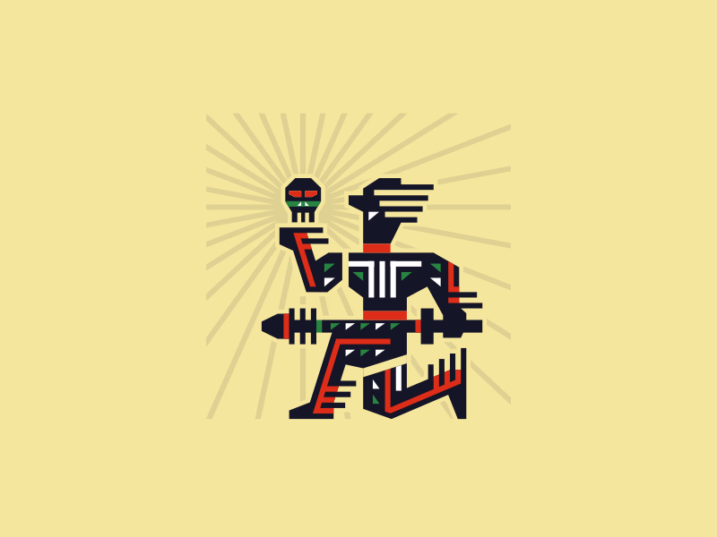 Geometric Aztec Warrior Holding Sacred Skull