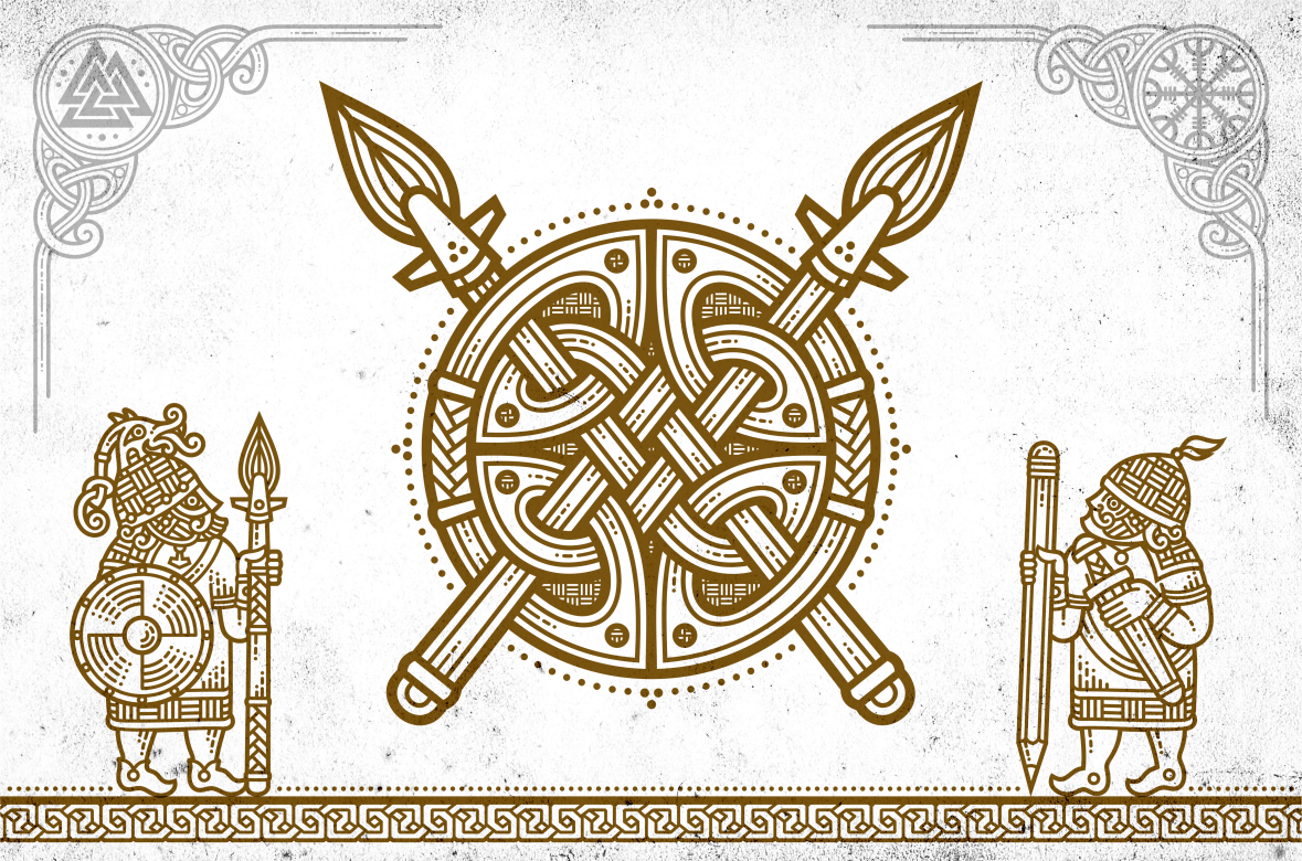 Spear brush and shield knotwork presentation