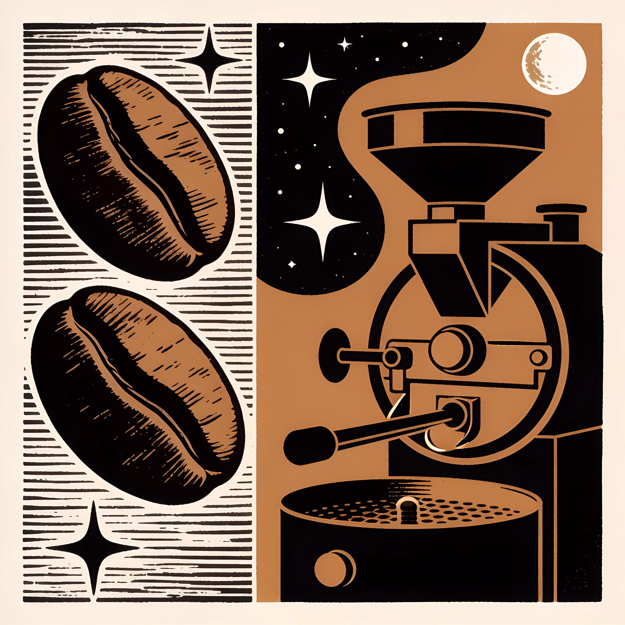Design a logo for "Celestial Brews," a gourmet coffee roastery, that incorporates a distinctive linocut print aesthetic.