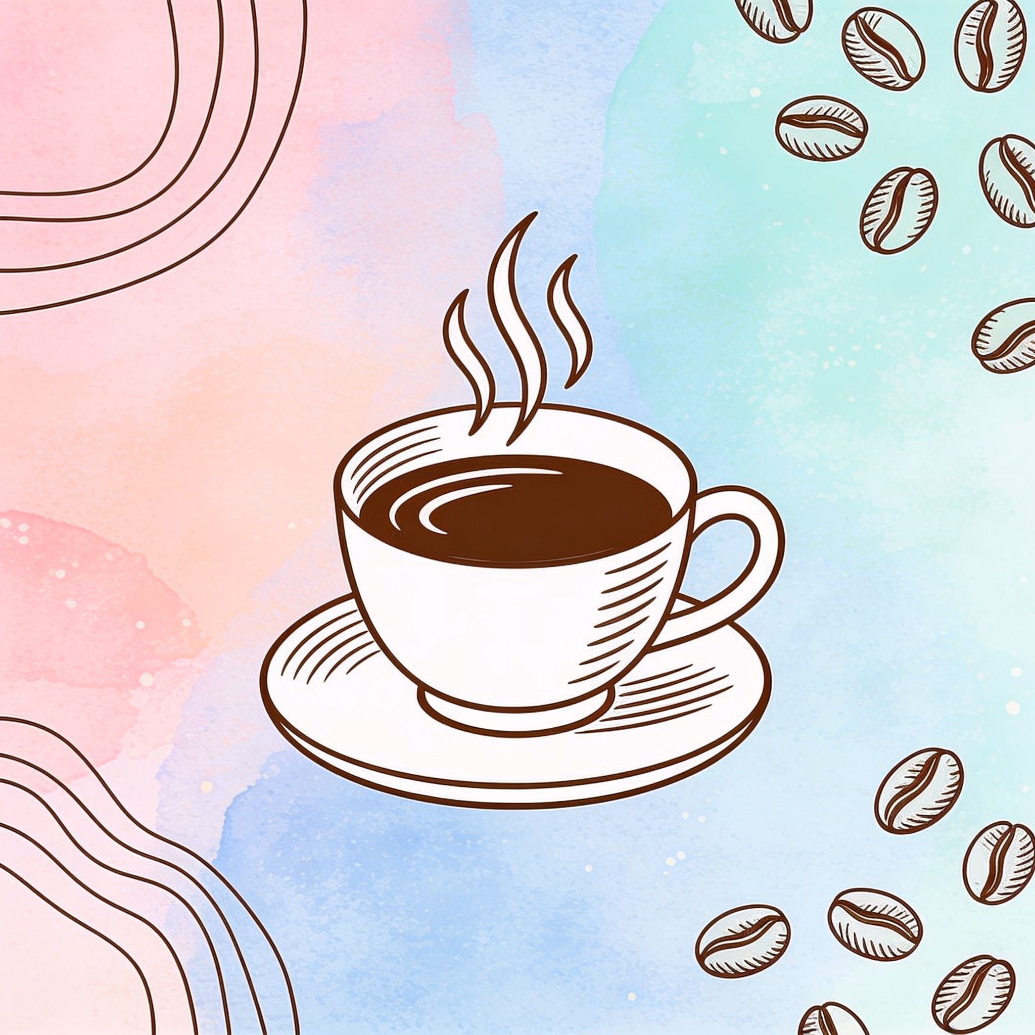 Design a logo that incorporates a hand-drawn element for an artisanal coffee shop called Brewed Stories. Utilize pastel colors to convey a warm and inviting atmosphere.