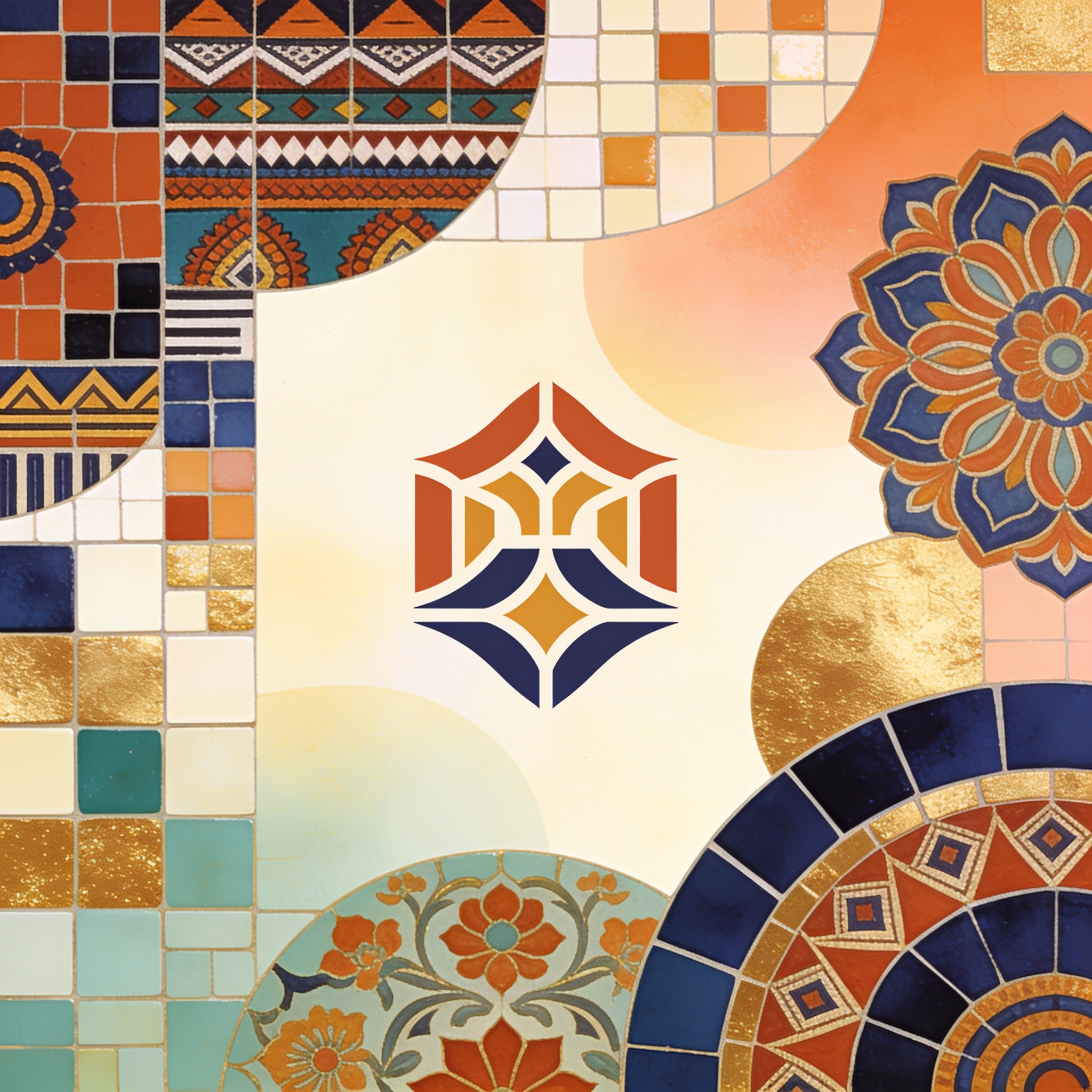 Design a logo using a mosaic pattern for a cultural heritage center called Global Tapestry. Incorporate elements from different world cultures, ensuring the logo celebrates diversity and unity.