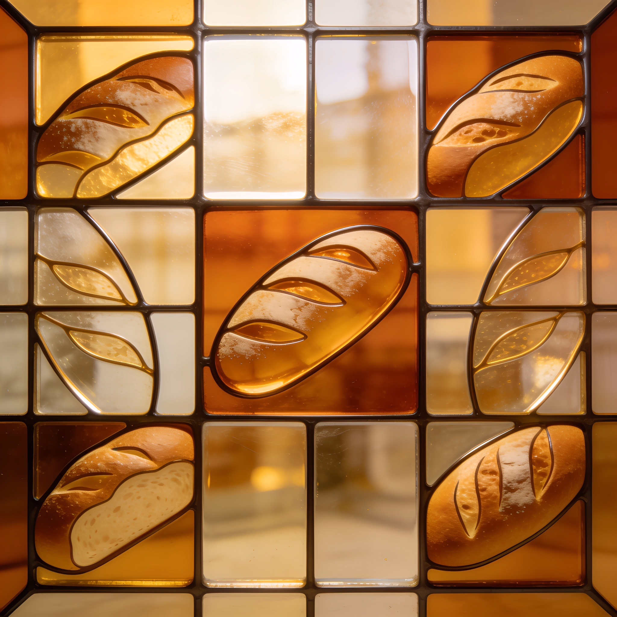 Design a logo using a stained glass effect for a fictional artisan bakery named Sunlit Bakes. Incorporate warm colors and bread motifs to convey warmth and craftsmanship.